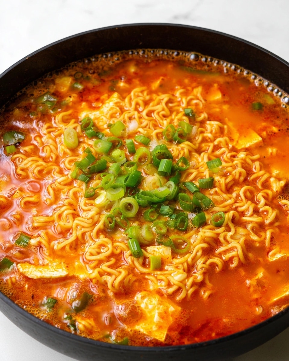 A close-up view of a black round pan filled with a rich, orange-red spicy soup base. The dish has three main layers: the bottom layer is the broth, bubbling and bright with a smooth texture; the middle layer consists of curly, yellow cooked ramen noodles that soak up the broth; the top layer is scattered with chopped bright green spring onions, adding a fresh contrast. Additional ingredients like light-colored tofu pieces and translucent onion slices are slightly visible beneath the noodles, blending into the broth. The pan sits on a white marbled surface. Photo taken with an iphone --ar 4:5 --v 7
