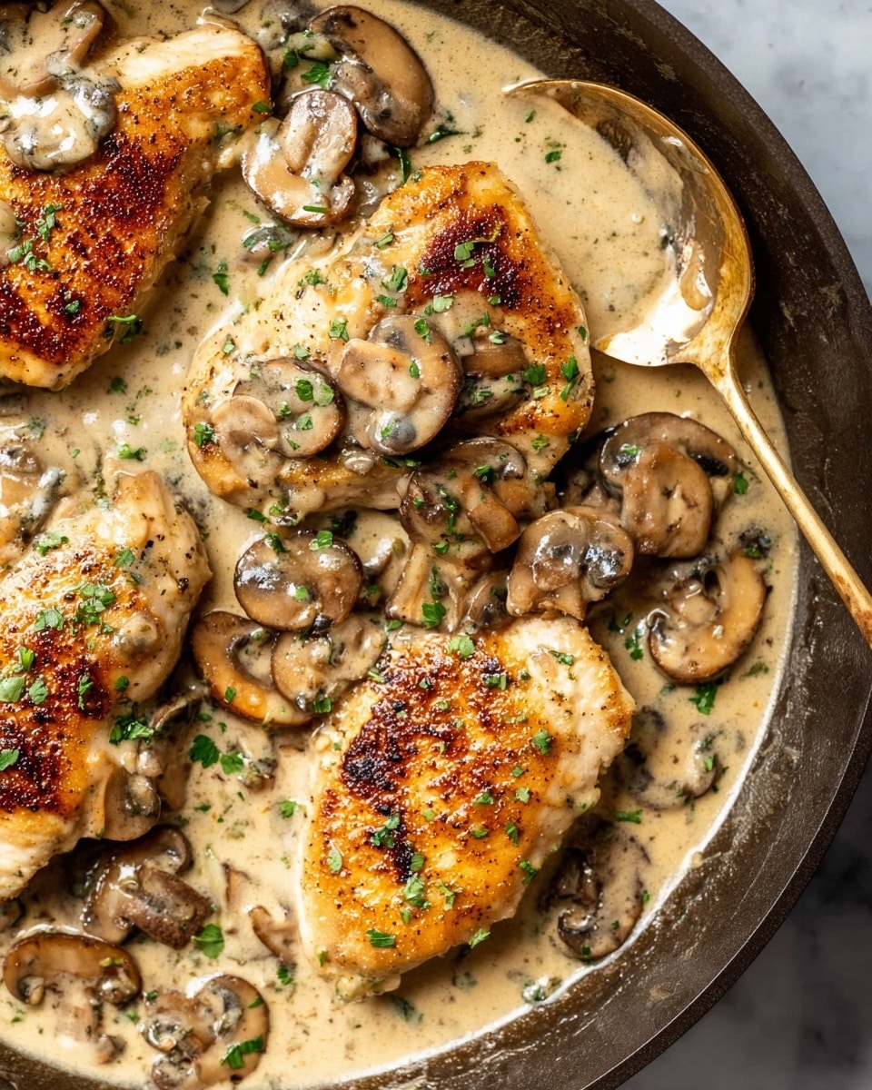The image shows a close-up of three golden brown chicken breasts in a creamy mushroom sauce, cooked in a dark pan. The chicken pieces have a crispy and slightly charred texture on the top, with a rich light brown color. The creamy sauce is thick and beige, covering the pan bottom and surrounding the chicken. There are many sliced brown mushrooms scattered evenly throughout the sauce. Small green herb pieces are sprinkled on top and over the sauce, adding a fresh touch. A golden spoon rests on the right side of the pan, partially covered in sauce and mushrooms. The surface below is a white marbled texture. photo taken with an iphone --ar 4:5 --v 7