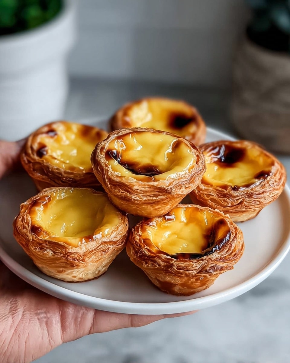 Seven pastel de nata, golden brown egg custard tarts with dark caramelized spots on top, rest on a white ceramic plate held by a woman's hand on the left side. Each tart has multiple flaky, light brown pastry layers forming a round cup shape that holds the creamy yellow custard filling, which is glossy and smooth. The background shows a white marbled surface and a blurred white container with dark green leaves. Photo taken with an iphone --ar 4:5 --v 7