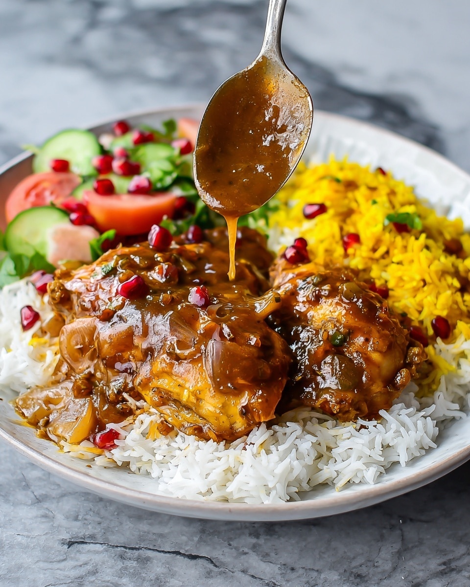 A white plate with three main layers is shown on a white marbled surface: the bottom layer is fluffy white rice spread evenly, the middle layer consists of two pieces of golden brown chicken covered in thick, glossy brown sauce with visible bits of onions, and the top layer includes some yellow rice mixed with red pomegranate seeds and a fresh mix of green cucumber and pink tomato pieces on the side; a spoon with brown sauce is positioned above the chicken, dripping the sauce over it. photo taken with an iphone --ar 4:5 --v 7