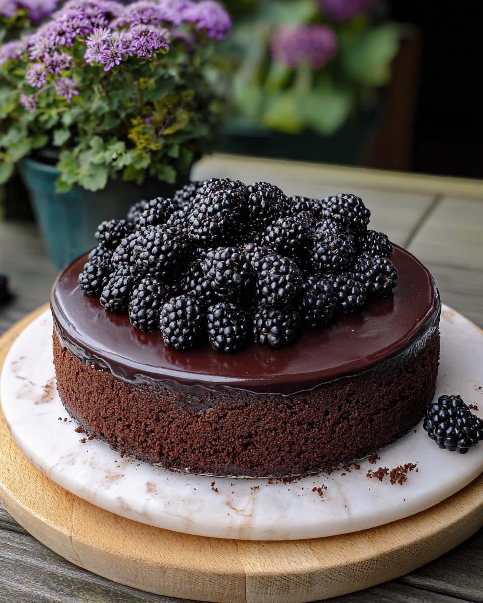 A round chocolate cake with two layers is shown, the bottom layer is a dark brown crumbly cake base, and the top layer is a smooth glossy dark chocolate ganache. On top of the cake, a pile of shiny blackberries sits, each blackberry plump and textured, adding a fresh look. The cake rests on a white round wooden board placed on a table with a white marbled texture. In the background, there is a plant with purple flowers and green leaves. photo taken with an iphone --ar 4:5 --v 7