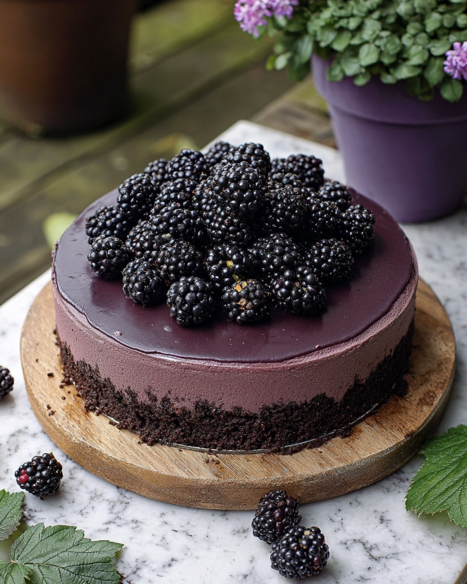 A round cake with three visible layers sits on a wooden board; the bottom layer is a dark, crumbly chocolate base, the middle layer is a smooth, dark purple creamy frosting, and the top layer is glossy dark purple frosting spread evenly. A pile of fresh blackberries, black with tiny shiny bumpy texture, is placed in the center on top of the frosting. The cake is set on a white marbled surface with some green leaves and a purple flower pot in the background. photo taken with an iphone --ar 4:5 --v 7