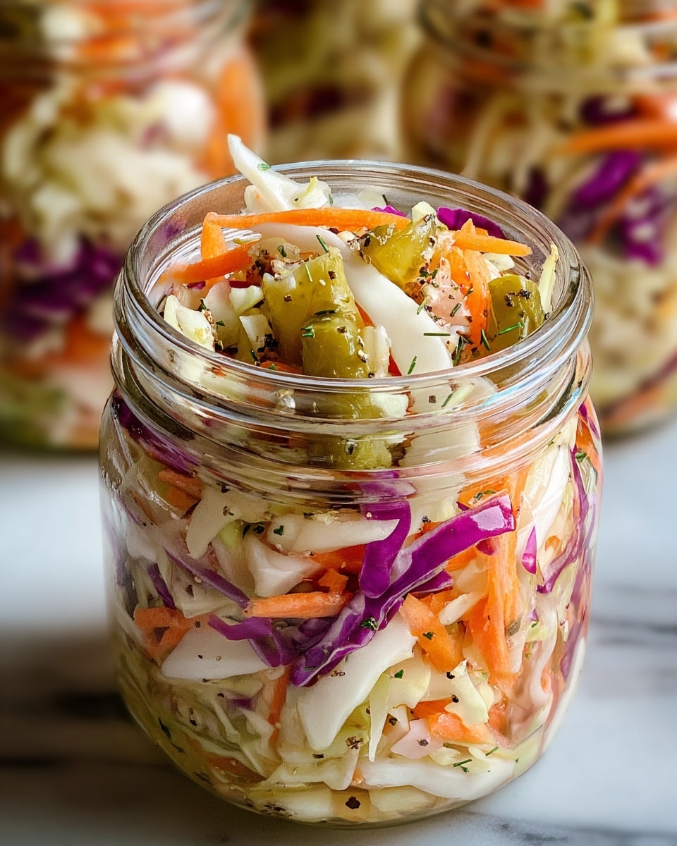 A clear glass jar filled with a colorful salad made of thinly sliced white cabbage, orange carrots, purple cabbage, and pieces of green pickles scattered on top; the salad layers show a mix of crunchy and moist textures with small flecks of black pepper and herbs sprinkled throughout; the jar is set on a white marbled surface, with blurred jars of the same salad in the background, giving a fresh and vibrant look. photo taken with an iphone --ar 4:5 --v 7