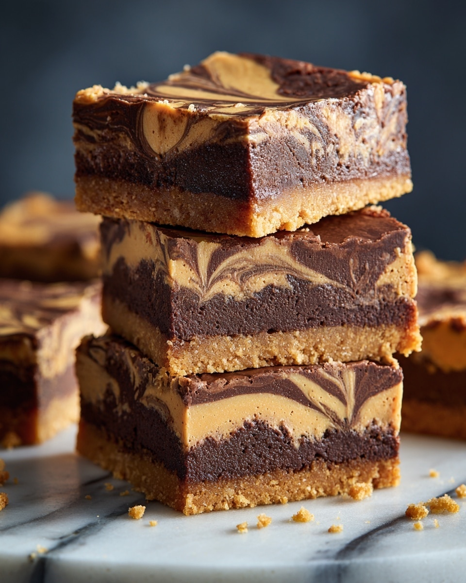 A stack of four square dessert bars with three visible layers each; the bottom layer is a crumbly, golden-brown crust, the middle layer is dense, dark chocolate with a rich texture, and the top layer is a lighter, creamy swirl of peanut butter with a slightly cracked surface, creating a marbled effect between the chocolate and peanut butter. The bars are stacked unevenly on a white marbled surface with some crumbs scattered around, and the background is a dark blur that keeps focus on the dessert. photo taken with an iphone --ar 4:5 --v 7