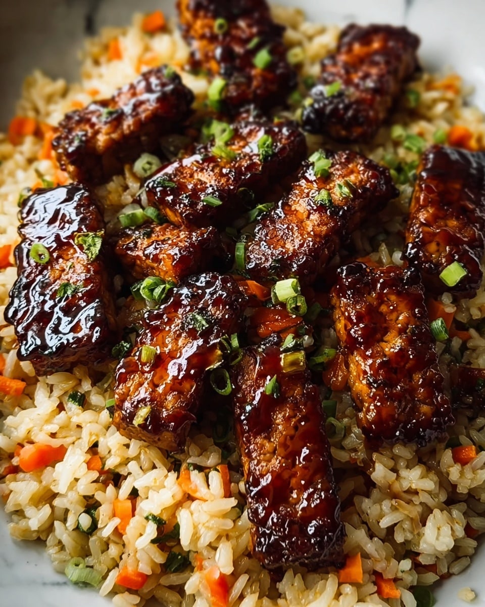 The image shows a close-up of grilled pieces of tempeh with a shiny, dark brown glaze on top, giving a slightly charred and caramelized look. These tempeh pieces are scattered over a base of cooked rice mixed with small diced orange carrots and green herbs, creating a colorful texture contrast. The rice looks soft and well-cooked, with visible grains and small green onion slices sprinkled evenly across the dish. The scene is set on a white marbled surface. photo taken with an iphone --ar 4:5 --v 7
