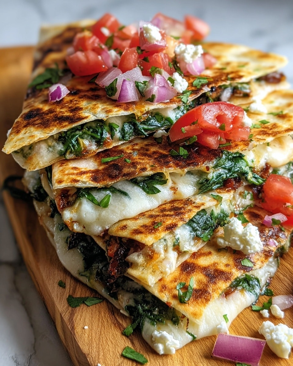 The image shows a stack of three folded quesadilla slices with a crispy, browned tortilla on the outside. Inside each quesadilla layer, there is melted white cheese and green spinach leaves, giving a soft texture mixed with the melted cheese. On top and around the quesadillas, there are small chunks of red tomatoes, pieces of purple onion, and crumbled white cheese, along with some scattered green herbs adding a fresh touch. The quesadillas are placed on a wooden board, with some toppings slightly falling off the edges, resting on a white marbled surface. photo taken with an iphone --ar 4:5 --v 7