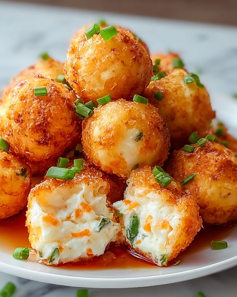 A white plate filled with round, golden brown, crispy fried balls, each about the size of a golf ball. The balls have a slightly rough texture on the surface, and inside they reveal a white creamy filling with small orange bits, likely carrots, visible in the broken open pieces at the front. The balls are sprinkled with small pieces of chopped green onions on top and appear to be resting on a thin layer of reddish-brown sauce that pools slightly around the base. The background shows a white marbled texture. photo taken with an iphone --ar 4:5 --v 7