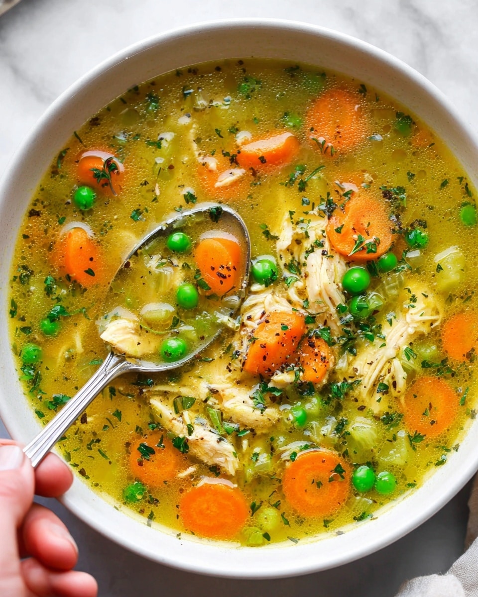 A close-up view of a bowl of chicken soup, with a clear golden broth filled with vibrant layers: bright orange carrot slices, fresh green peas, light green celery pieces, and shredded pale chicken scattered throughout. The soup is lightly sprinkled with chopped green herbs and black pepper, adding texture and color. A silver spoon rests inside the white bowl, with a woman's hand holding it, slightly transferring the soup. The bowl sits on a white marbled surface, enhancing the fresh, wholesome feel of the dish. photo taken with an iphone --ar 4:5 --v 7
