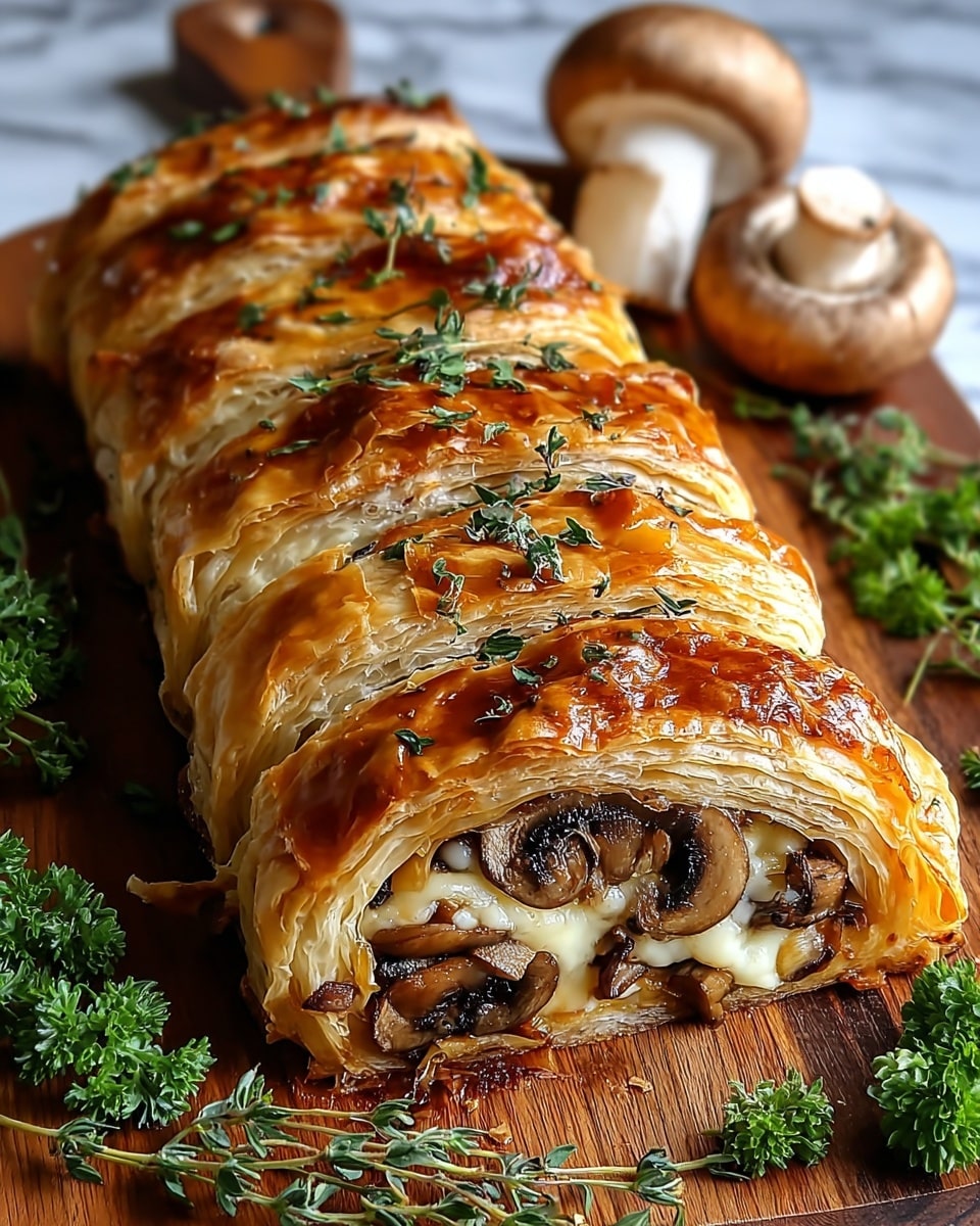 This image shows a golden brown puff pastry roll sliced to reveal its filling. The roll has about eight visible layers of flaky, crispy dough with a shiny, slightly caramelized surface. Inside, there are mushrooms and melted cheese, with the mushrooms appearing soft and cooked in shades of brown, while the cheese is creamy and slightly melted, binding the filling together. The pastry is placed on a wooden board with fresh green herb sprigs scattered on top and around it, with two whole mushrooms and more green herbs in the blurred white marbled background. The lighting highlights the crispy texture of the pastry and the moist filling. photo taken with an iphone --ar 4:5 --v 7