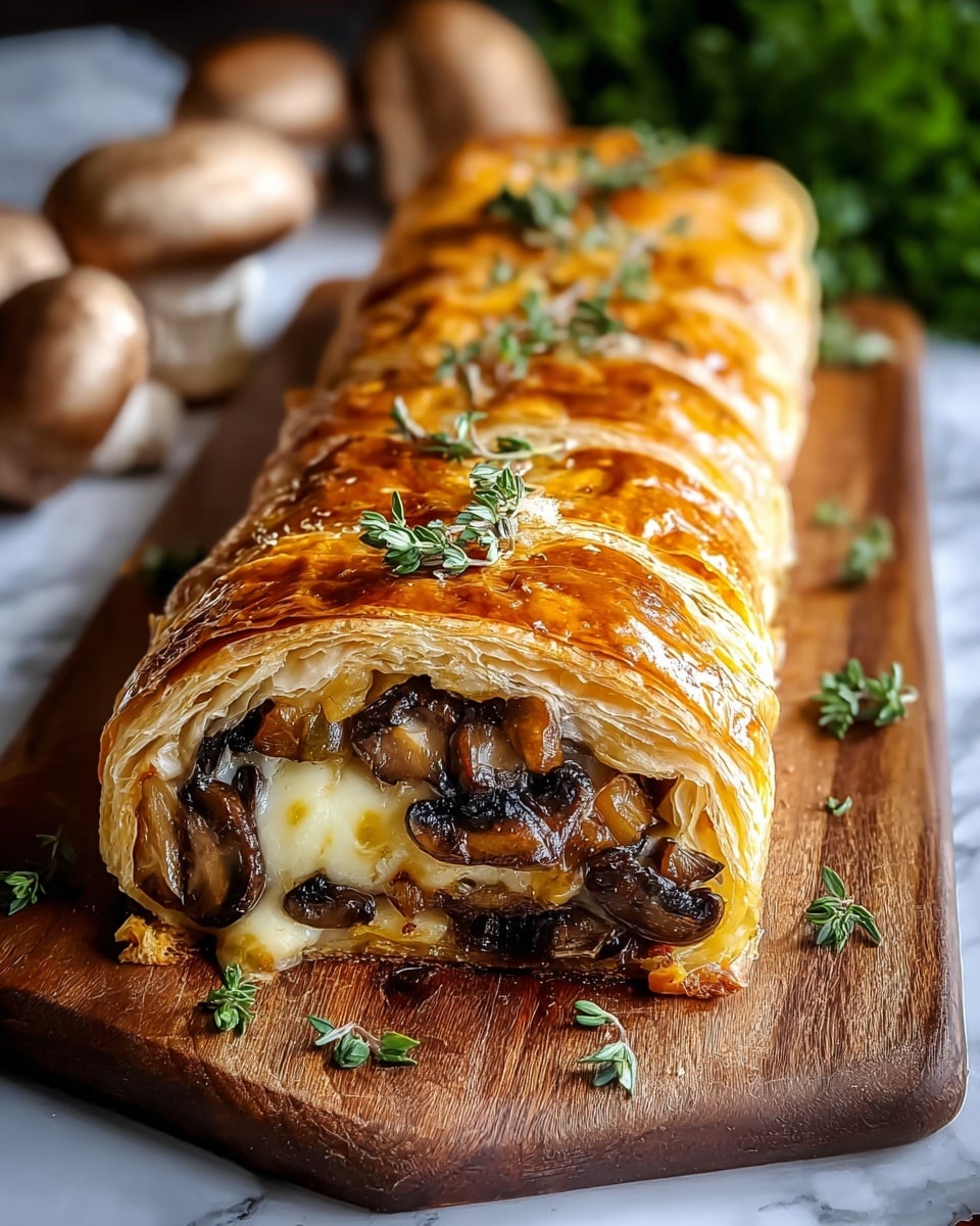 A golden brown pastry roll with shiny, flaky layers on the outside, sliced to show its filling of melted light yellow cheese and dark brown sautéed mushrooms mixed with small diced pieces. The roll is placed on a wooden board with small green herb leaves scattered on and around it. Fresh mushrooms and green parsley are blurred in the background, sitting on a white marbled surface. The pastry is decorated with fresh green thyme leaves on top. photo taken with an iphone --ar 4:5 --v 7