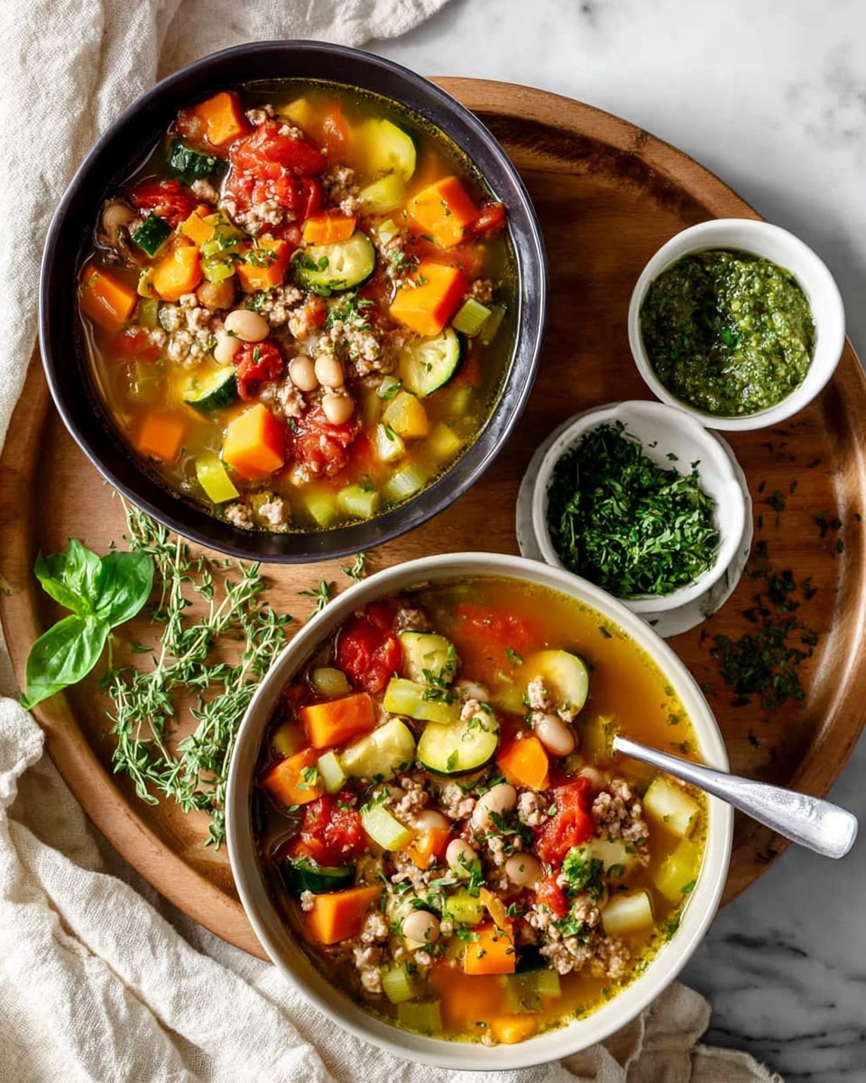 Two bowls of vegetable soup sit on a round wooden tray with fresh green herbs scattered around. Each bowl shows three main layers: the base is a clear golden broth, the middle has chunky pieces of orange carrots, chopped green zucchini, red tomatoes, and yellow squash, and the top has small bits of cooked ground meat and white beans. One bowl is black and the other is white, both filled with the same colorful soup. Two spoons rest inside the bowls, and small white bowls hold green chopped herbs and a green pesto sauce near the top right. The setup is on a white marbled surface with a soft white cloth partially visible. photo taken with an iphone --ar 4:5 --v 7