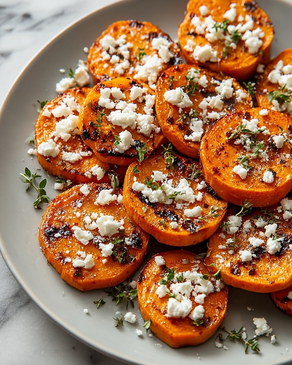 The image shows a white plate with several thick, round slices of roasted sweet potatoes arranged closely together. Each slice has a warm orange color with some grill marks and a slightly caramelized texture on top. On top of the sweet potato slices, there are small crumbles of white cheese scattered evenly, adding a contrasting color and soft texture. Tiny green herb leaves are sprinkled around and on the slices, giving a fresh look. The plate sits on a white marbled surface visible around the plate edges. photo taken with an iphone --ar 4:5 --v 7