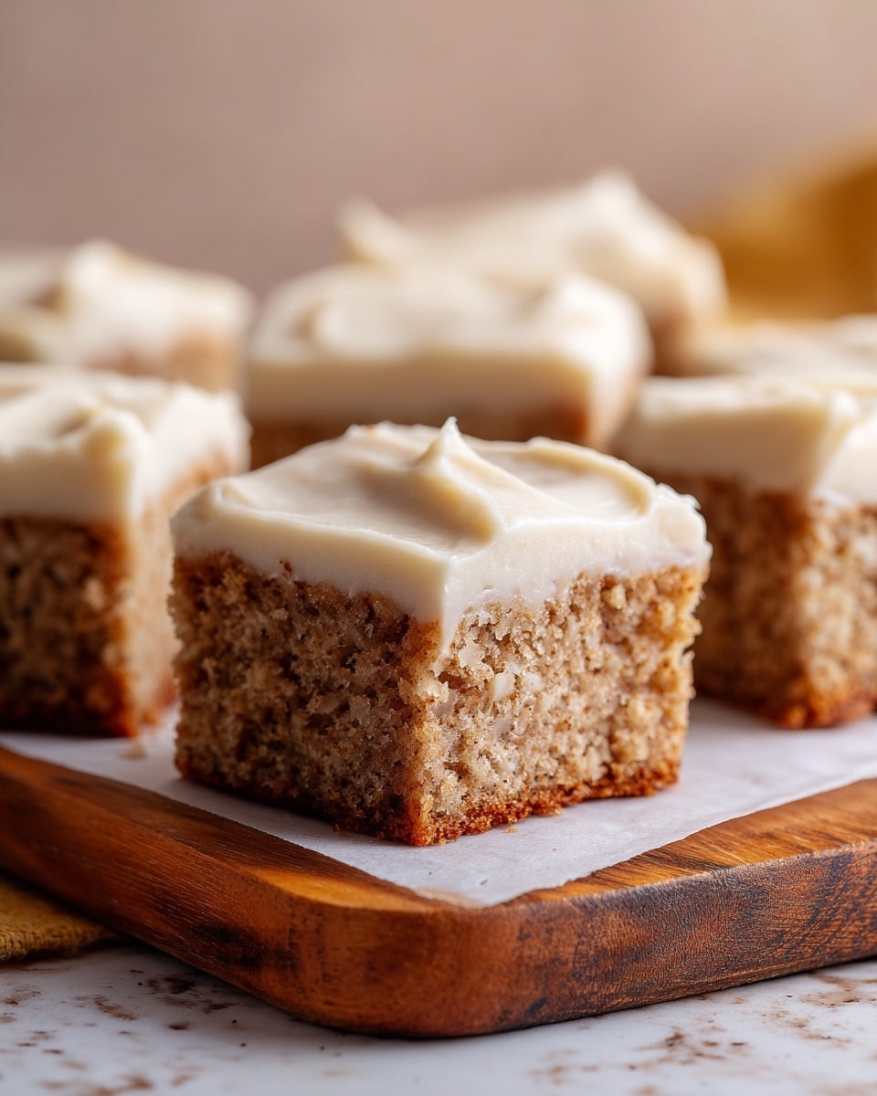 The image shows a close-up of several square pieces of cake arranged on a wooden board with a white parchment paper underneath. Each piece has two layers: a dense, moist-looking light brown cake base with small bits and a slightly browned edge, topped with a thick, creamy, smooth off-white frosting layer that appears soft and swirled. The background is softly blurred with a warm tone, and the overall setting includes a white marbled textured surface beneath the board. photo taken with an iphone --ar 4:5 --v 7