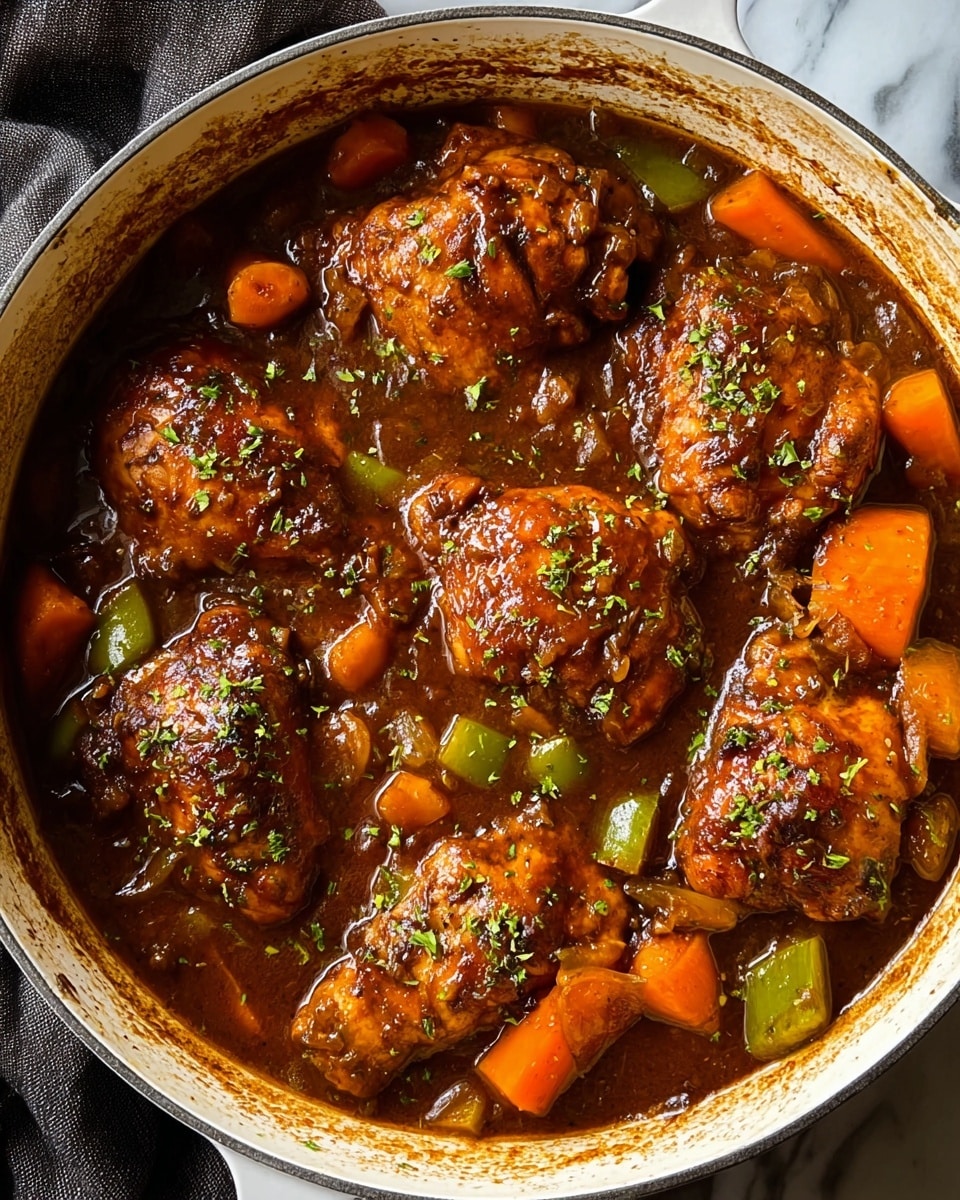 A white round pot filled with a rich brown stew containing eight pieces of cooked chicken, each coated in a thick glossy sauce and sprinkled with small green herb bits. Around the chicken pieces are chunky slices of bright orange carrots and green bell peppers, slightly softened in the sauce. The stew also has visible cooked onions mixed in, all resting in a thick, dark brown sauce that clings to the ingredients. The edges of the pot show some sauce stains, and the pot sits on a white marbled surface with a dark gray cloth partially visible on the side. photo taken with an iphone --ar 4:5 --v 7