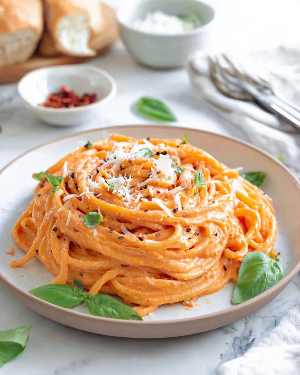 A round white plate holds a nest of thick spaghetti coated in creamy orange sauce, showing some black pepper flakes throughout. On top, there is a swirl of extra sauce, sprinkled with small white shreds of cheese and tiny green basil leaves. Around the plate, fresh basil leaves add green accents on the white marbled surface. In the background, there are soft-focus pieces of light bread, a small white bowl with red chili flakes, and another bowl with white grated cheese, next to a silver fork on a white napkin. Photo taken with an iphone --ar 4:5 --v 7