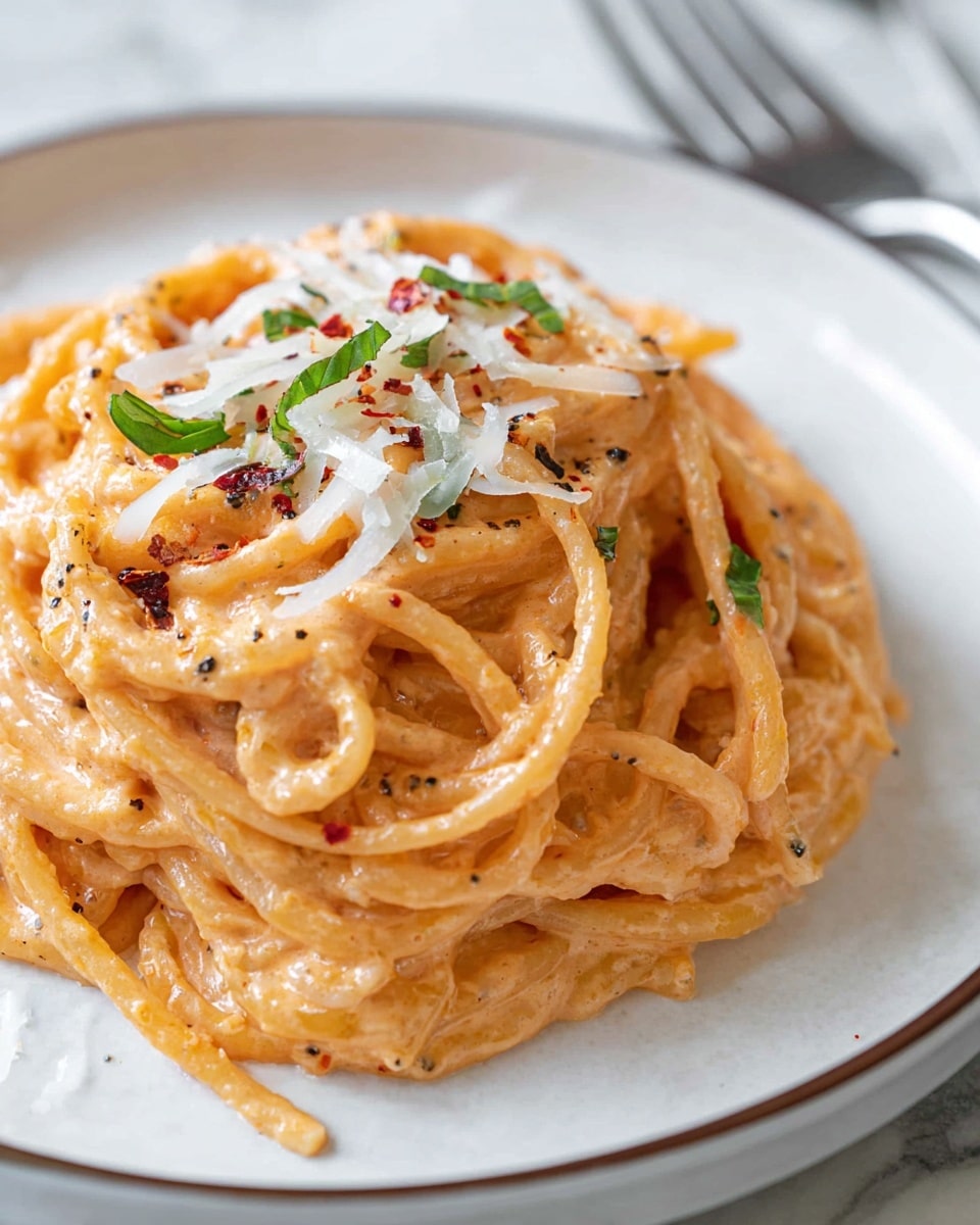 A close-up of a plate showing a small mound of spaghetti coated in a creamy orange sauce, with the noodles glistening and twisted into loose spirals. The sauce has a smooth texture with small flecks of black pepper and herbs, covering every strand. On the top center, there are white shavings of cheese scattered along with tiny green basil pieces and red chili flakes, adding color contrast. The plate is white with a simple rim, set on a white marbled surface, with a fork blurred in the background. photo taken with an iphone --ar 4:5 --v 7
