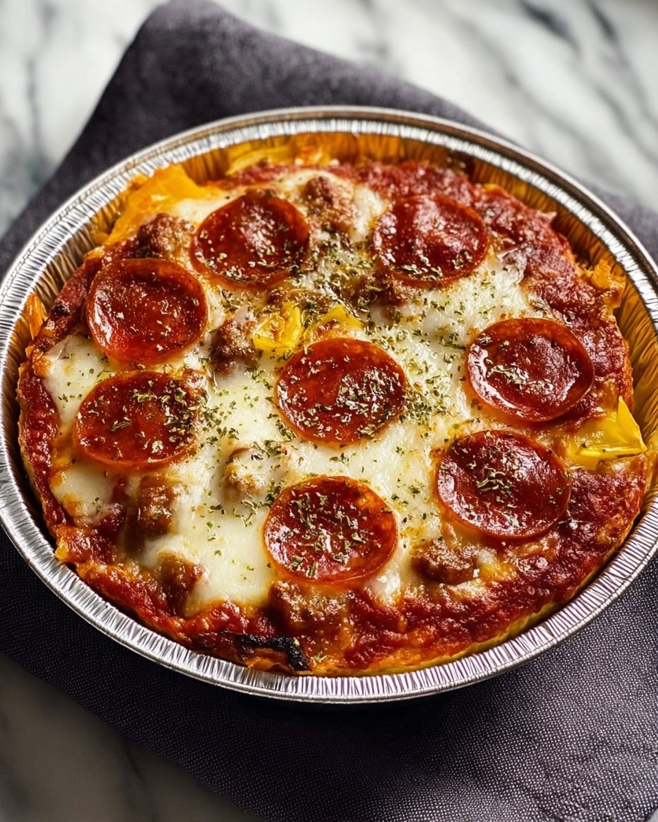 A thick, round deep-dish pizza in a silver foil pan with a crispy golden-brown crust at the bottom layer, topped with a rich red tomato sauce above it, then covered with melted, bubbly white cheese that stretches over the edges. On the cheese, there are several round, shiny pepperoni slices that are slightly curled and browned at the edges, with bits of browned sausage mixed in. The top is sprinkled with dried green herbs, and there are a few small pieces of yellow bell pepper near the edges. The pan rests on a dark gray cloth, all placed on a white marbled surface. Photo taken with an iphone --ar 4:5 --v 7