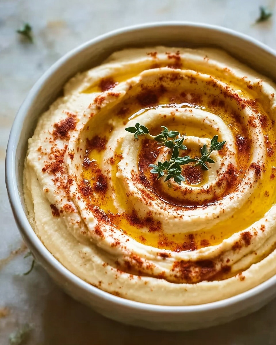A close-up of a bowl filled with creamy, light beige hummus that is swirled in a spiral shape. On top of the hummus, there is a drizzle of golden olive oil following the same swirl pattern, with a sprinkle of red paprika dusted evenly around the spiral edges. At the center of the hummus, there are two small green thyme sprigs placed as garnish. The bowl is white and rests on a surface with a white marbled texture. Photo taken with an iphone --ar 4:5 --v 7