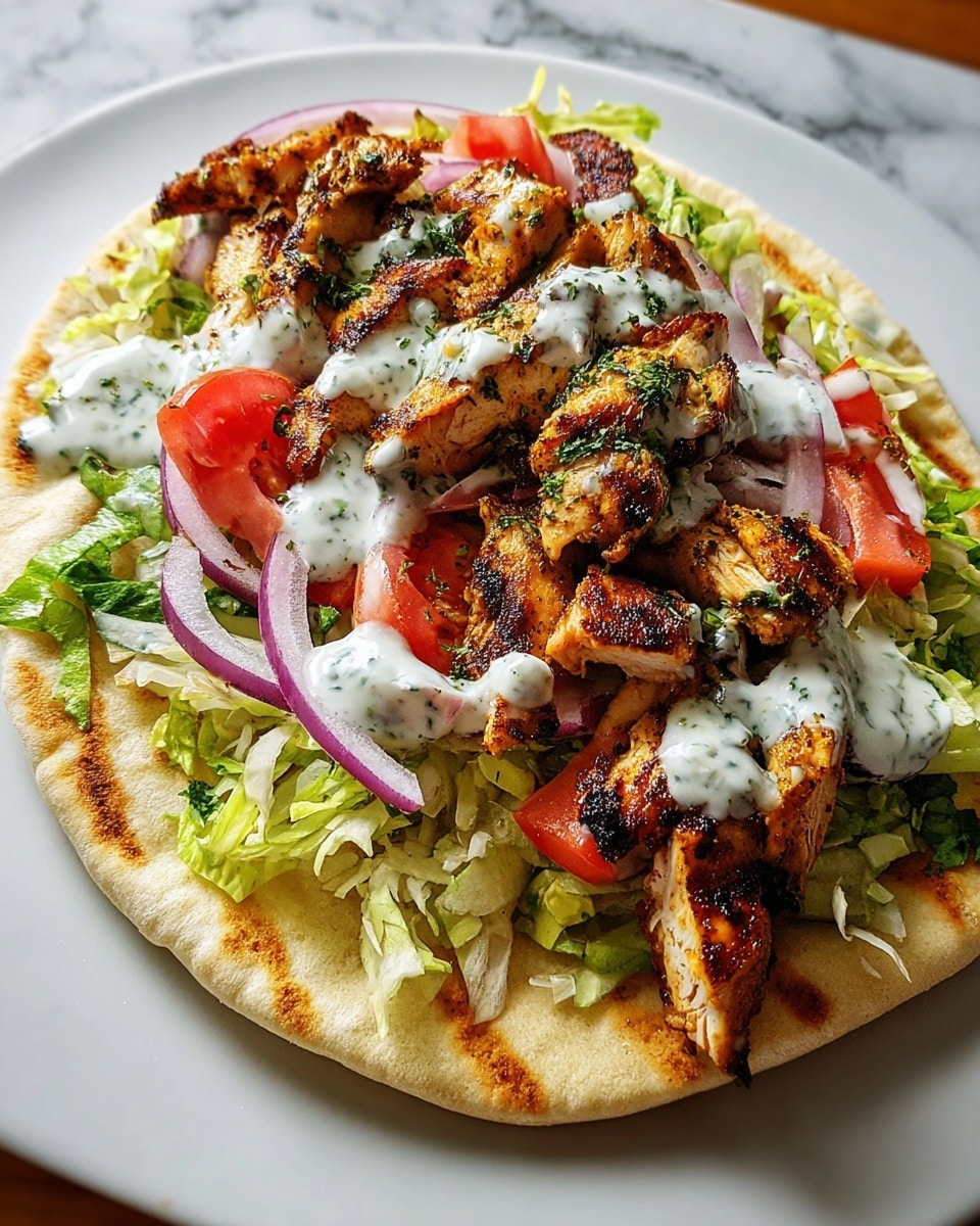 A white plate holds a pita wrap with several layers: the base is a warm, lightly browned pita bread, topped with a layer of shredded green lettuce. On top of the lettuce are chunks of bright red tomato and a few thick slices of purple onion. Above this, there are many pieces of grilled chicken with a golden-brown color and visible seasoning, giving a slightly crispy texture. The whole wrap is finished with a drizzle of creamy white sauce mixed with finely chopped herbs, adding a fresh look. The background shows a white marbled texture beneath the plate. photo taken with an iphone --ar 4:5 --v 7
