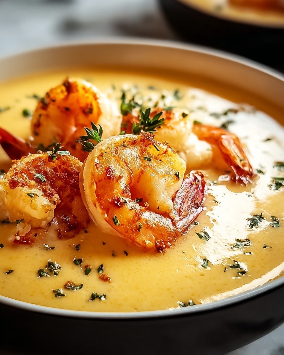 This image shows a close-up of a creamy yellow soup served in a white bowl with a black rim. Floating on top, there are several large pieces of cooked shrimp with a light pink and orange color, some with a bit of charred spots for texture. The shrimp pieces are garnished with small green herb flakes scattered across the surface. The soup looks rich and smooth with a glossy, velvety texture. The background features a soft white marbled surface. photo taken with an iphone --ar 4:5 --v 7