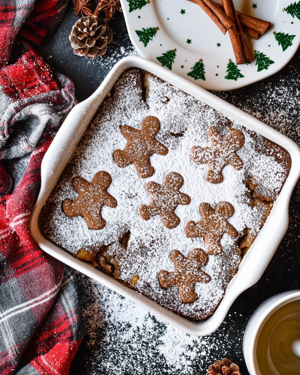 A white square baking dish filled with a baked dessert that has a golden brown, slightly cracked top layer shaped like gingerbread men scattered across the surface. The dessert is dusted heavily with white powdered sugar, covering parts of the gingerbread figures and the light golden inner layer visible through some cracks. The dish is set on a dark surface with white powdered sugar scattered around and partially covered by a red and gray plaid cloth with cinnamon sticks resting nearby. A white plate with a green tree pattern is placed off to the side on a white marbled texture. photo taken with an iphone --ar 4:5 --v 7