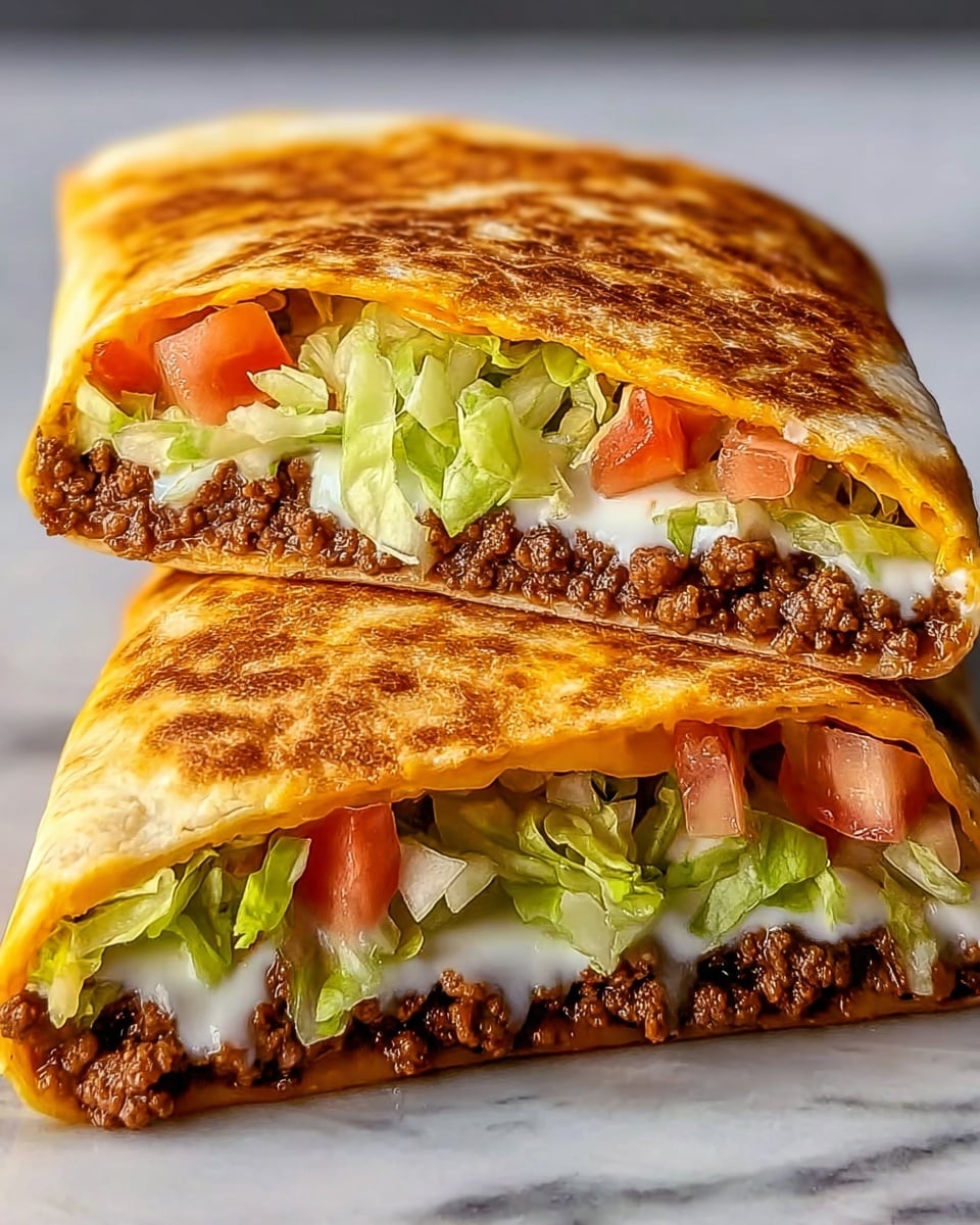 The image shows two halves of a folded quesadilla stacked on top of each other on a white marbled surface. Each quesadilla half has a crispy, golden-brown outer shell with a slightly textured surface. Inside, there are visible layers starting with a bottom golden tortilla, followed by a thick layer of crumbled cooked ground beef that is brown and juicy. Above the beef is a layer of melted white cheese, then a fresh layer of bright green shredded lettuce mixed with chunks of red tomato. The top layer is another golden tortilla folded over, completing the sandwich-like look. The colors blend well, showing fresh ingredients with warm, rich tones. photo taken with an iphone --ar 4:5 --v 7