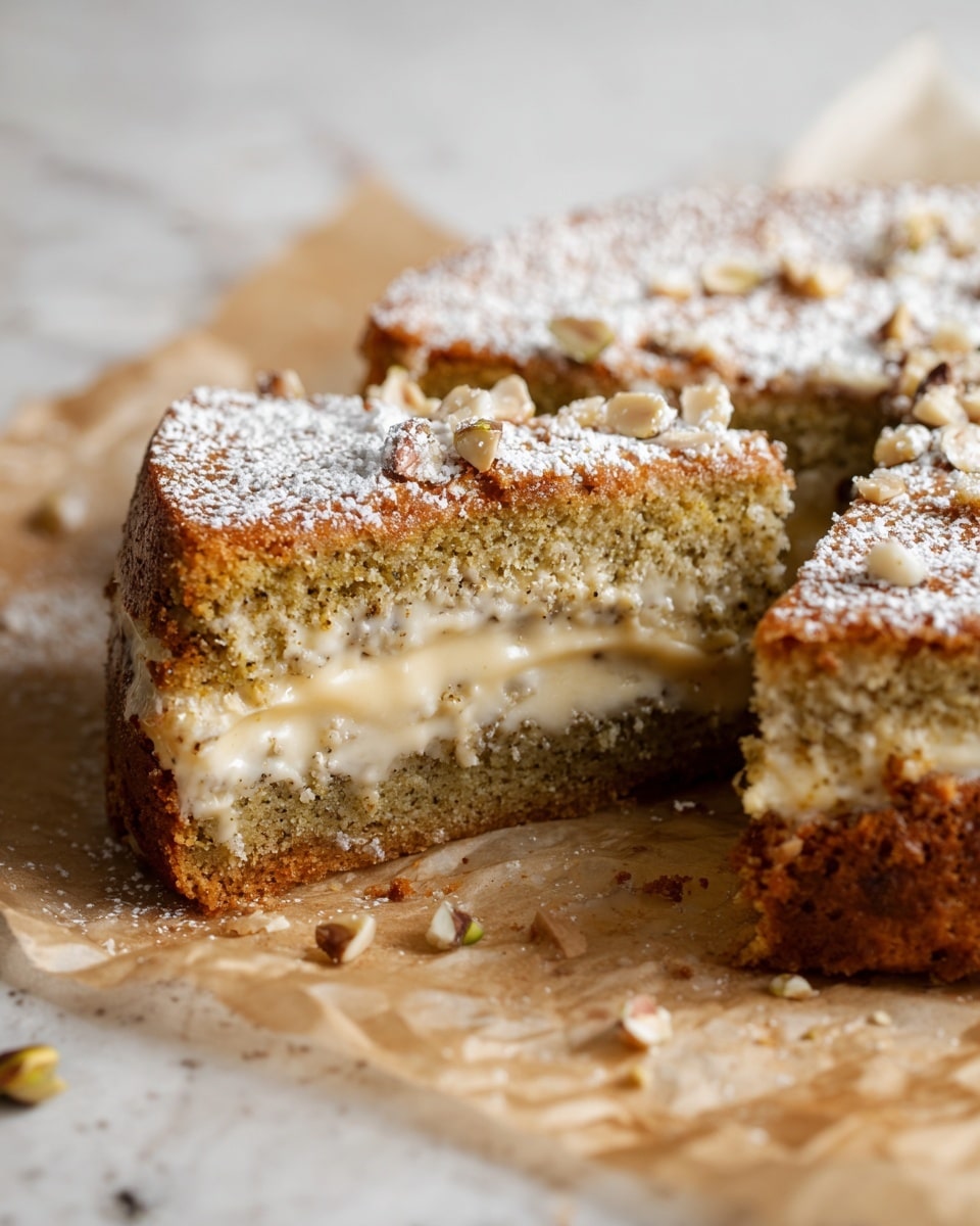 A close-up of a round cake with two visible slices cut out, showing three layers: a bottom thick greenish nutty layer with a dense texture, a middle creamy light beige layer that is slightly oozing out, and a top golden-brown crust dusted with powdered sugar. The cake is on crumpled parchment paper, with some crumbs and scattered nuts around. The background is a white marbled texture. photo taken with an iphone --ar 4:5 --v 7