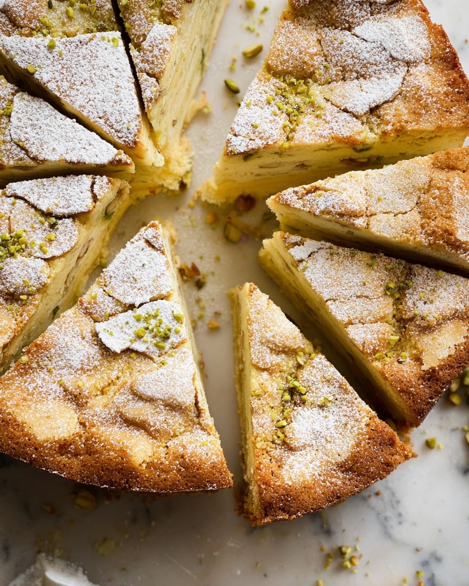The image shows a round cake cut into eight slices, arranged in a circle on a white marbled surface. Each slice has three layers: a light golden-brown crusty top layer with cracks and a dusting of powdered sugar, a middle creamy yellowish layer, and a bottom greenish cake layer speckled with bits of nuts or pistachios. One slice is pulled slightly out from the circle, showing the layers clearly, with a soft and moist texture visible. Small green nut crumbs are sprinkled on the top, adding texture. Photo taken with an iphone --ar 4:5 --v 7