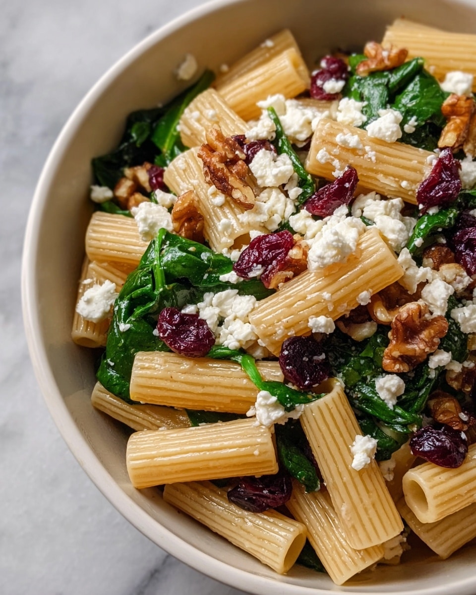 A close-up of a white bowl filled with three main layers: the bottom layer is light beige rigatoni pasta tubes with ridges laying horizontally and some vertically; the middle layer consists of dark green fresh spinach leaves scattered around and between the pasta; the top layer has crumbled white feta cheese, deep red dried cranberries, and brown walnut pieces sprinkled evenly over the pasta and spinach, showing a mix of smooth, crumbly, and textured surfaces. The bowl rests on a white marbled texture. photo taken with an iphone --ar 4:5 --v 7