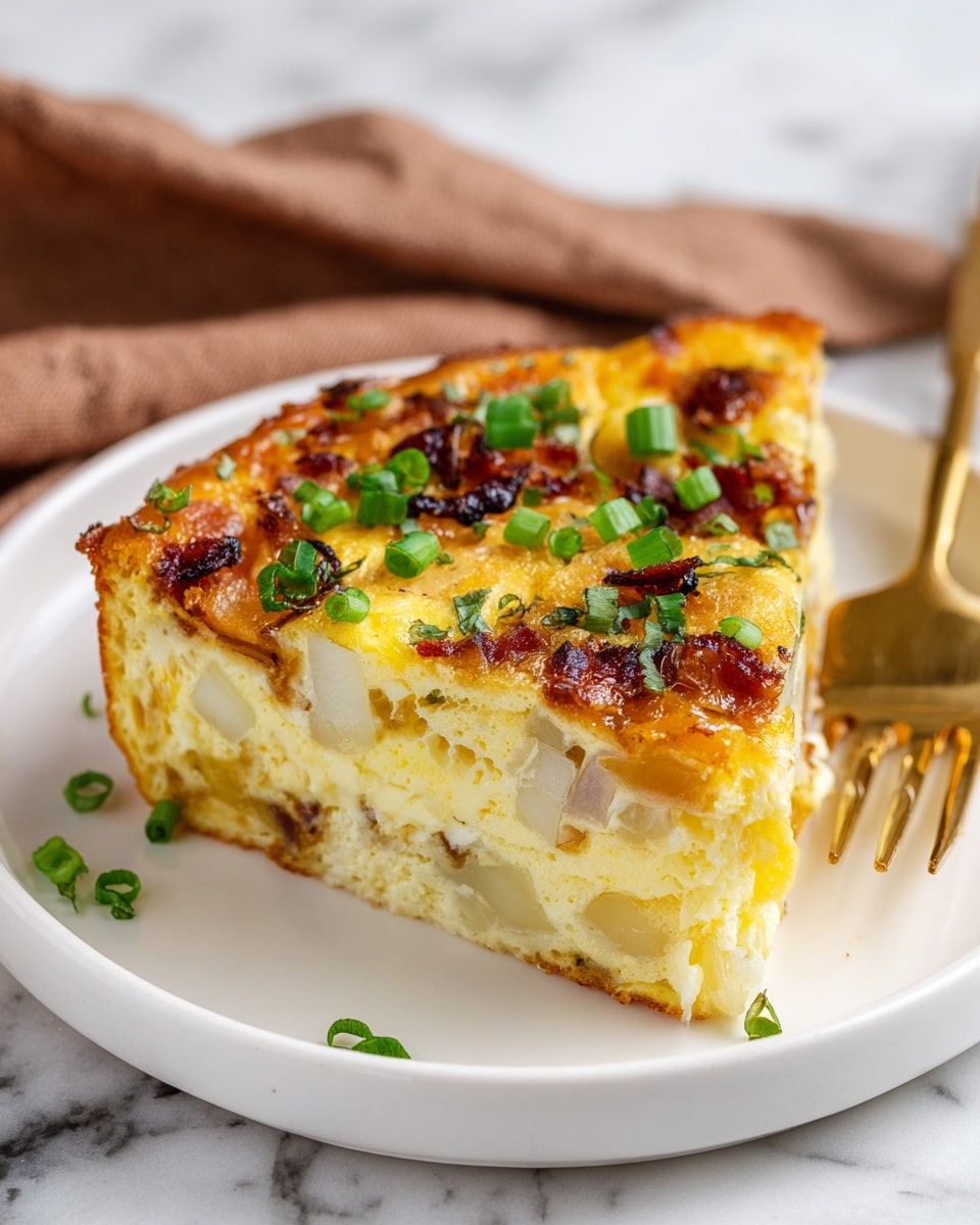 A single slice of a fluffy, light yellow egg casserole sits on a white plate, showing a thick layer filled with small chunks of white cheese and bits of browned, caramelized onions or bacon scattered throughout. The top layer is a slightly golden yellow, dotted with bright green chopped scallions, adding a fresh color contrast. The texture looks soft and slightly creamy with small pockets of air visible, suggesting a tender bite. The plate rests on a white marbled surface with a gold fork placed nearby and an out-of-focus brown cloth napkin in the background. Photo taken with an iphone --ar 4:5 --v 7