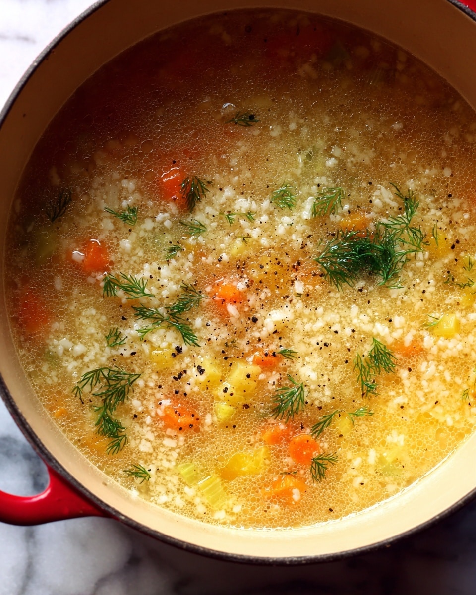 A close-up view inside a red pot filled with a clear broth soup showing short white rice grains as the main layer, mixed with small yellow and orange vegetable pieces, likely carrot and celery, scattered throughout. Tiny green dill sprigs float on top along with black pepper specks, adding texture and color contrast against the light yellow broth. The pot's light beige interior edge is visible, and it rests on a white marbled textured surface. photo taken with an iphone --ar 4:5 --v 7