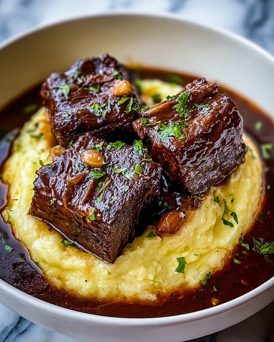 This image shows four large, dark brown braised beef chunks with a glossy, rich sauce coating them, served in a bowl. The beef looks tender with some green herb sprigs sprinkled on top, adding a fresh touch. Below the beef pieces is a thick dark brown sauce with a small soft yellow onion partly visible in the sauce near the front. On the right side of the bowl, there is a creamy, light yellow mashed potato mound garnished with some green herbs and lightly browned on top. The bowl is white and placed on a white marbled textured surface. photo taken with an iphone --ar 4:5 --v 7