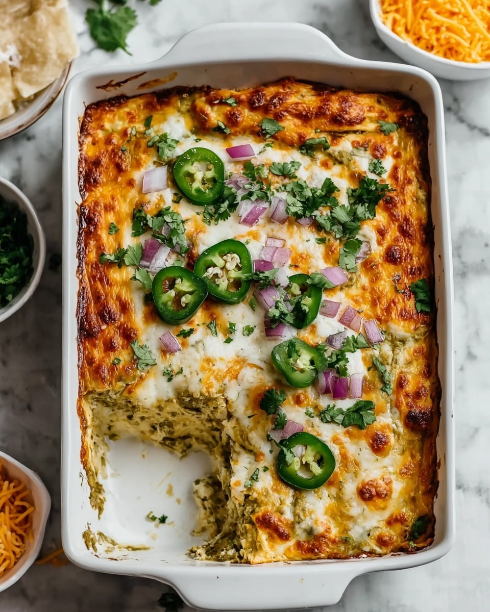 A white baking dish holds a baked casserole with visible layers. The bottom layer is thick and creamy, colored light green with herbs mixed in. The middle is a blend of white and orange melted cheese that is slightly browned on the edges. On top, there are small chunks of purple onion, fresh green cilantro leaves, and green jalapeño slices evenly spread. The edges of the dish show browned, bubbling cheese, and one corner of the casserole is scooped out, revealing the layers inside. The dish sits on a white marbled surface with small white bowls of shredded cheese and herbs nearby. photo taken with an iphone --ar 4:5 --v 7