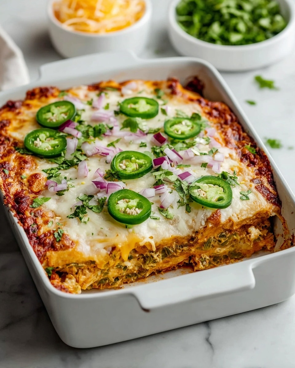 A white rectangular dish holds a layered casserole with four visible layers topped with melted white and yellow cheese that is golden brown at the edges. Scattered on top are slices of fresh green jalapeño peppers, small pieces of chopped purple onions, and green chopped cilantro leaves. Underneath the cheese layer, a creamy, slightly chunky filling with green herbs and vegetables can be seen. The dish rests on a white marbled surface with blurred white bowls containing green chopped herbs and shredded cheese in the background. Photo taken with an iphone --ar 4:5 --v 7