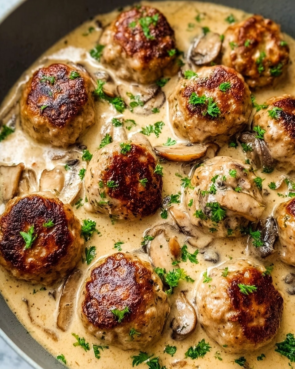 The image shows several browned meatballs that are round and have a golden crust on top, sitting in a creamy sauce with a light tan color. Mixed in the sauce are thin slices of brown mushrooms and small sprinkles of green parsley, adding contrast to the dish. The texture of the sauce looks smooth and thick, coating the meatballs evenly. The dish is presented closely focused, highlighting the juicy and tender look of the meatballs with the sauce pooling around them. The background is a white marbled texture. photo taken with an iphone --ar 4:5 --v 7