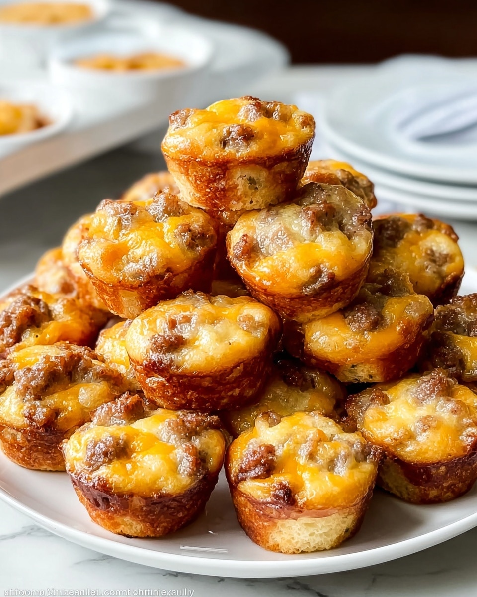 A white plate holds about 20 small muffin-shaped bites stacked closely together, each showing a golden-brown crust with bits of browned sausage and melted cheddar cheese visibly baked into the top. The muffin edges are darker and crispy while the centers are lighter and soft-looking, with a slightly shiny cheese layer that appears gooey and melted on many of the muffins. The plate rests on a white marbled surface and the background is softly blurred with a white condiment tray faintly visible. Photo taken with an iphone --ar 4:5 --v 7