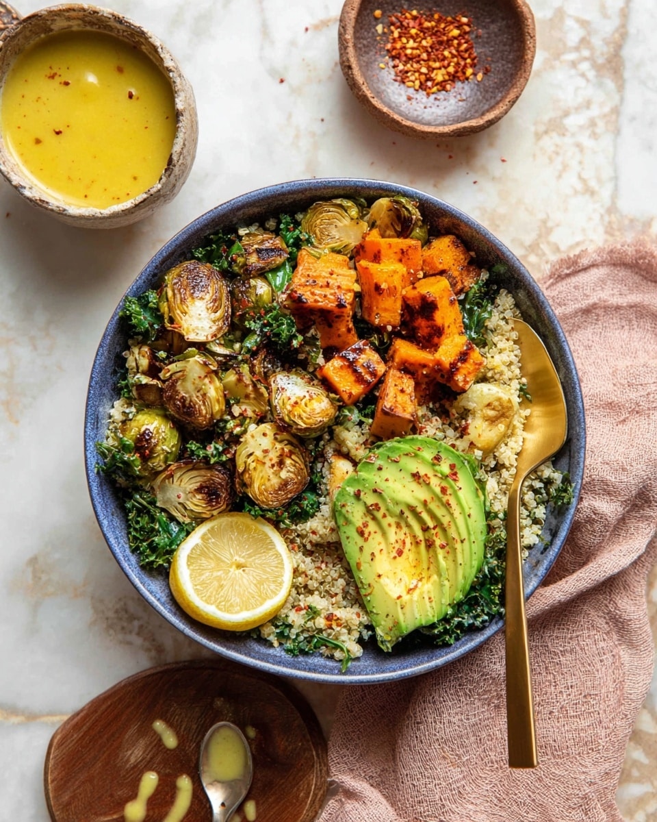 A blue bowl filled with three main sections of food on a bed of white quinoa mixed with small green kale pieces: one section with roasted golden-brown Brussels sprouts, another with grilled orange sweet potato cubes, and the last one with three slices of light green avocado sprinkled with a dark red seasoning. Two lemon wedges rest at the edge of the bowl next to a gold spoon inside the bowl. Around the bowl, there is a small brown dish with red flakes, a wooden board holding a small bowl of bright yellow sauce, and a brass spoon with some sauce drops on a white marbled surface. A dusty pink cloth is partially under the bowl. photo taken with an iphone --ar 4:5 --v 7