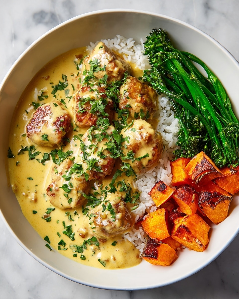 The dish shows a white bowl filled with bright white rice as the base layer, topped with crispy, golden-brown chunks of meat covered in a smooth, creamy pale yellow sauce sprinkled with chopped fresh green herbs. Around the edges, there are vibrant green steamed vegetables on one side and roasted orange sweet potato cubes with a slight char on the other. The bowl is placed on a white marbled surface, creating a clean and fresh look. photo taken with an iphone --ar 4:5 --v 7