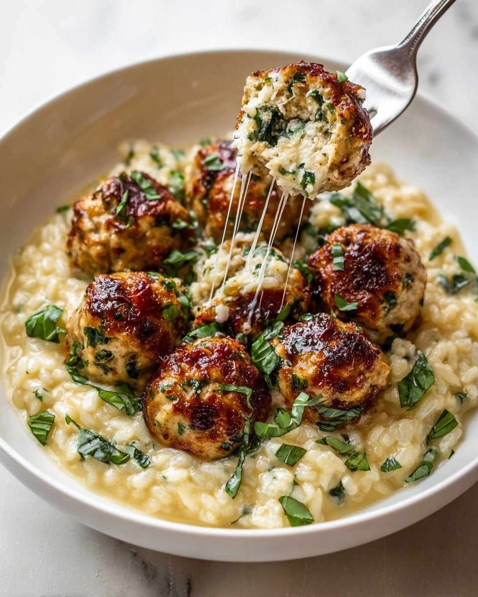A white bowl holds a creamy risotto base with a pale yellow color and soft, slightly uneven texture, scattered with fresh green basil leaves. On top, there are about eight round, golden-brown meatballs with a slightly crispy outside and visible green herbs inside. One meatball is lifted above the rest on a fork, showing a moist inside with white and herb bits, and thin strings of melted cheese stretch from the meatball to the risotto below. The whole dish sits on a white marbled surface. photo taken with an iphone --ar 4:5 --v 7