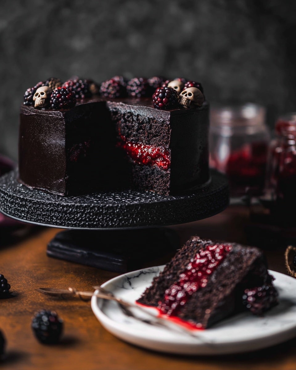 A dark black cake with two thick layers, each layer is moist and rich-looking, separated by a bright red jam filling in the middle. The outer surface of the cake is smooth and shiny black frosting. On top, there are fresh blackberries mixed with small dark chocolate skull shapes evenly placed around the edge. The cake sits on a black textured cake stand, and a white plate in front holds a slice of the cake with the same red filling visible. The background shows a warm dark setting, with a white marbled texture under the cake stand. photo taken with an iphone --ar 4:5 --v 7