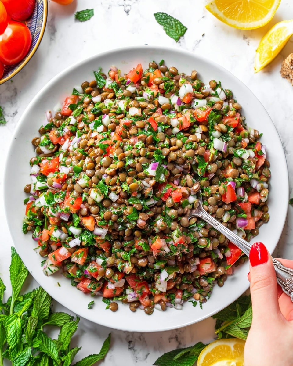 A white round plate filled with a colorful lentil salad, showing layers of small brown lentils mixed with finely chopped red tomatoes, white onions, and green herbs like parsley and mint. The salad has a fresh, mixed texture with small diced vegetable pieces evenly spread throughout. A silver spoon is partially inside the salad, and a woman's hand with red nail polish is holding the spoon on the right side of the image. The plate sits on a white marbled surface, with whole tomatoes and fresh green herbs placed around it, along with some lemon wedges in bright yellow. Photo taken with an iphone --ar 4:5 --v 7