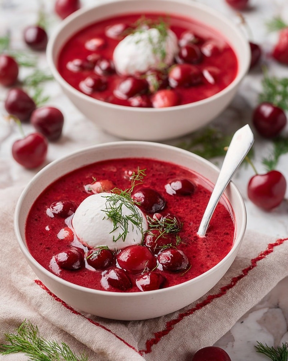 Two white bowls filled with bright red cherry soup, each showing whole cherries and a smooth, thick liquid base. In each bowl, there is a single round scoop of white cream placed slightly off-center, topped with small sprigs of fresh green dill. One bowl is in the foreground with a silver spoon resting inside, which has a white handle. The other bowl is in the background, slightly out of focus. The bowls sit on a white marbled surface with scattered fresh cherries and sprigs of dill around them, and a soft beige cloth with a red stitched border under the front bowl. Photo taken with an iphone --ar 4:5 --v 7