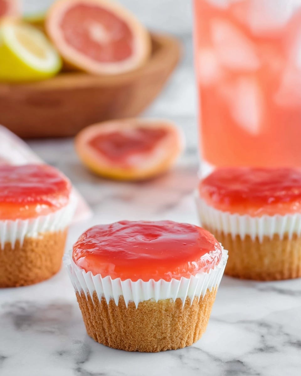 The image shows three single-layer cupcakes in white paper liners, each topped with a smooth, glossy pinkish-red jelly layer. The cupcakes have a light brown cake base, a thin layer of white cream in the middle, and the jelly layer on top that looks shiny and slightly translucent. They are placed on a white marble surface, with part of a glass of pink drink with ice and a wooden bowl filled with yellow and sliced pink-fleshed fruits visible in the blurry background. The scene is bright and fresh. photo taken with an iphone --ar 4:5 --v 7