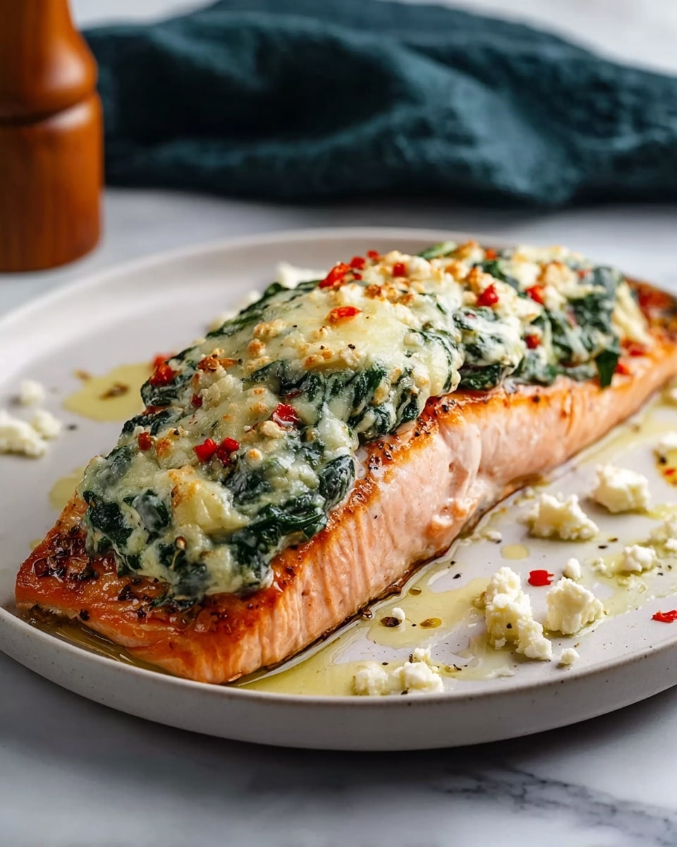 A cooked salmon fillet sits on a white plate, showing three main layers: the base is the cooked pink-orange salmon flesh with a slightly crisped, browned edge; on top is a thick layer of creamy green spinach mixed with melted white cheese, spread across the center in a rough strip; small pieces of red pepper are scattered within the cheese layer, adding bright spots of color; some white cheese crumbles and oil droplets decorate the plate around the salmon; the background is a white marbled surface with a folded dark teal cloth nearby, and a wooden pepper grinder is faintly visible further back. photo taken with an iphone --ar 4:5 --v 7