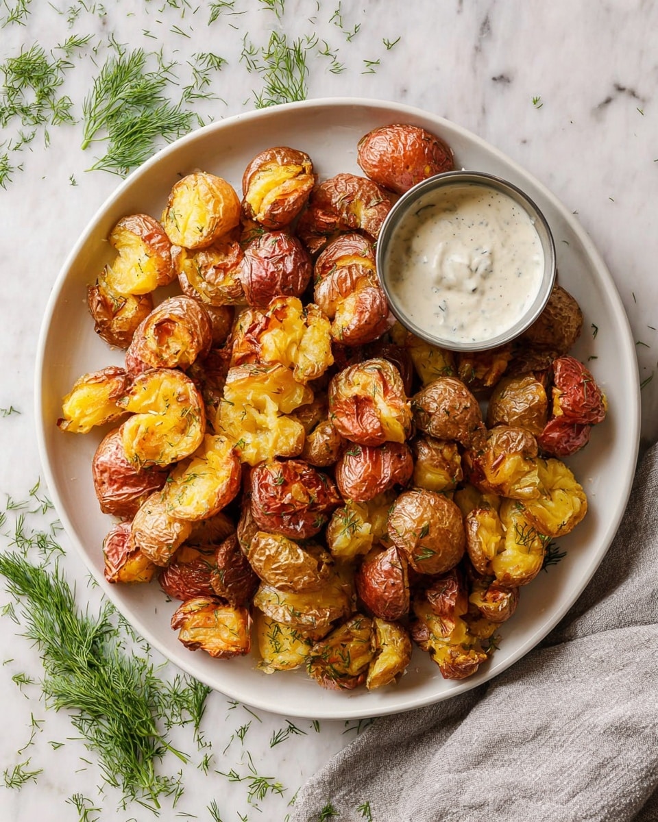 The image shows a white plate filled with smashed roasted potatoes, featuring a mix of golden yellow and reddish-brown skins, each potato piece broken open to reveal a soft, fluffy inside with a crispy outer texture. The potatoes are scattered with small green dill sprigs, adding a fresh touch. On the right side of the plate, a small round metal cup filled with creamy white dipping sauce with visible herbs is placed. The plate sits on a white marbled surface with some scattered dill sprigs around, and a light gray cloth is partially visible at the bottom right corner. photo taken with an iphone --ar 4:5 --v 7