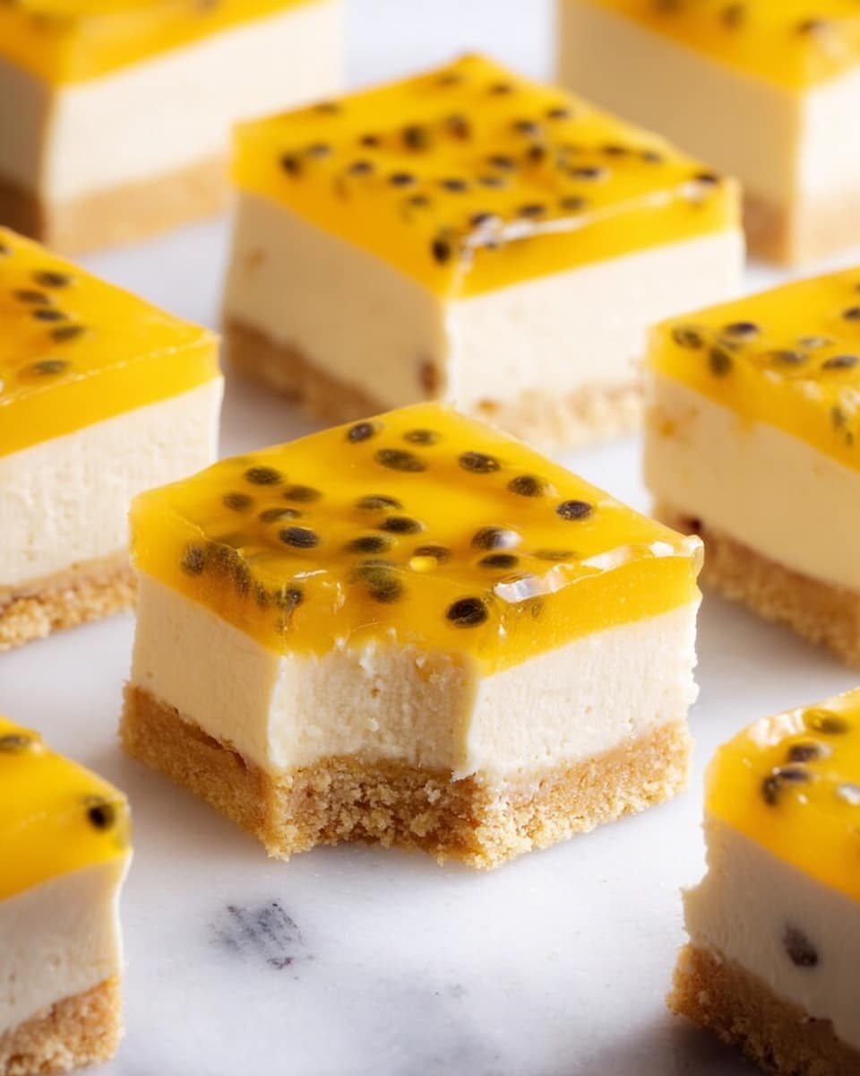 The image shows several square dessert bars arranged on a white marbled surface, each with three distinct layers: the bottom layer is a light golden-brown crumbly crust, the middle layer is a smooth, creamy off-white filling, and the top layer is a bright yellow jelly with scattered black seeds embedded inside. The jelly layer looks glossy and slightly translucent, making the seeds clearly visible. One bar is slightly raised, showing the texture and layers clearly from the side. The lighting highlights the soft texture of the cream and the shiny surface of the jelly. photo taken with an iphone --ar 4:5 --v 7