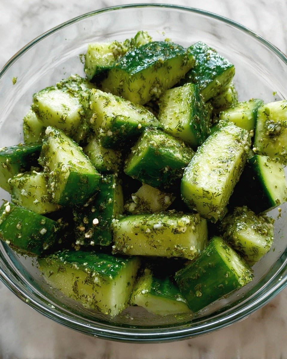 The image shows a clear glass bowl filled with chopped cucumber pieces, cut into thick chunks of about two to three layers. The cucumber pieces have a rich green skin with a paler green, watery inside. The surface of each cucumber chunk is covered in a coarse, light green herb mixture that looks like it contains small bits of garlic and dill seasoning, giving a textured and speckled appearance. The bowl rests on a white marbled surface that contrasts with the vibrant green of the cucumbers. photo taken with an iphone --ar 4:5 --v 7