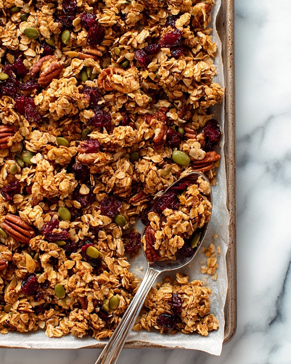 This image shows a close-up of a baking tray filled with granola clusters. The granola is golden brown and crunchy, with visible layers of oats, whole pecans, dried cranberries, and green pumpkin seeds mixed in. The clusters are uneven in size, spread over a sheet of parchment paper on the tray. A silver spoon rests on the tray, scooping up some granola, highlighting the mix of textures from crunchy nuts and chewy dried fruit against the oat flakes. The tray sits on a white marbled surface. photo taken with an iphone --ar 4:5 --v 7