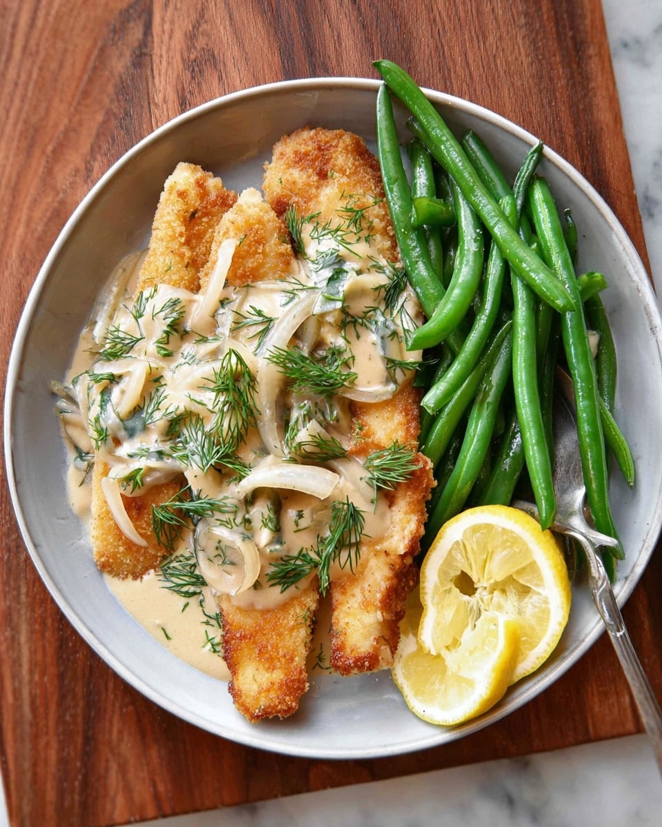 The dish shows three golden brown breaded fish fillets arranged on the left side of a white round plate. On top of the fish, there is a creamy, light beige sauce with soft, thinly sliced onions and specks of green herbs, likely dill, scattered across. Fresh dill sprigs garnish the fish, adding bright green touches. To the right side of the plate, there is a pile of vibrant green, firm green beans, slightly glossy as if lightly cooked or steamed. Two lemon wedges, one placed next to the fish fillets and the other near the green beans, add a bright yellow color contrast. A silver spoon peeks from under the green beans on the right edge. The plate sits on a white marbled surface. photo taken with an iphone --ar 4:5 --v 7