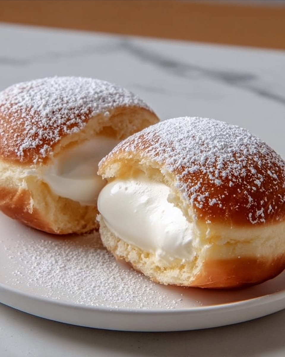 Two round cream-filled doughnuts are placed on a white plate on a white marbled surface. Each doughnut has a golden-brown outer layer with a soft, light yellow dough inside. One doughnut is cut in half, showing a thick, smooth white cream filling inside. Both doughnuts are dusted with a layer of white powdered sugar on top, which contrasts with the golden dough and glossy cream. The lighting highlights the soft texture of the cream and the slight shine on the dough's surface. photo taken with an iphone --ar 4:5 --v 7